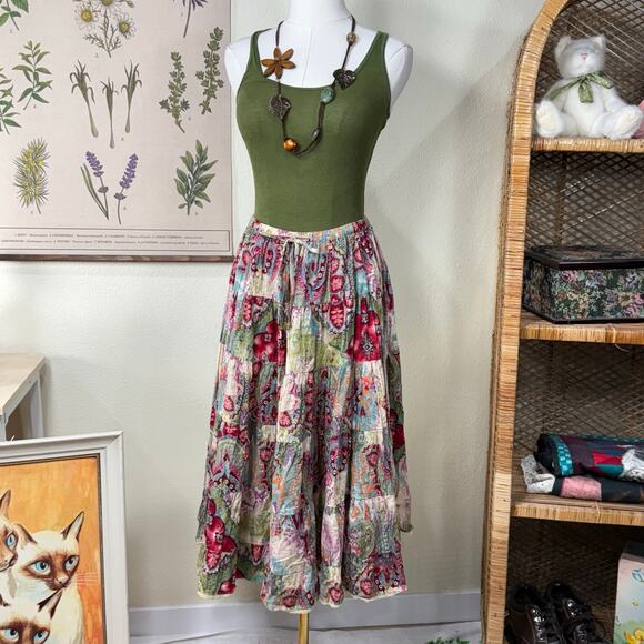 Y2k Patchwork Paisley Tiered Full Peasant Skirt Fairy Whimsy Twee Cottage Boho M - Picture 1 of 7
